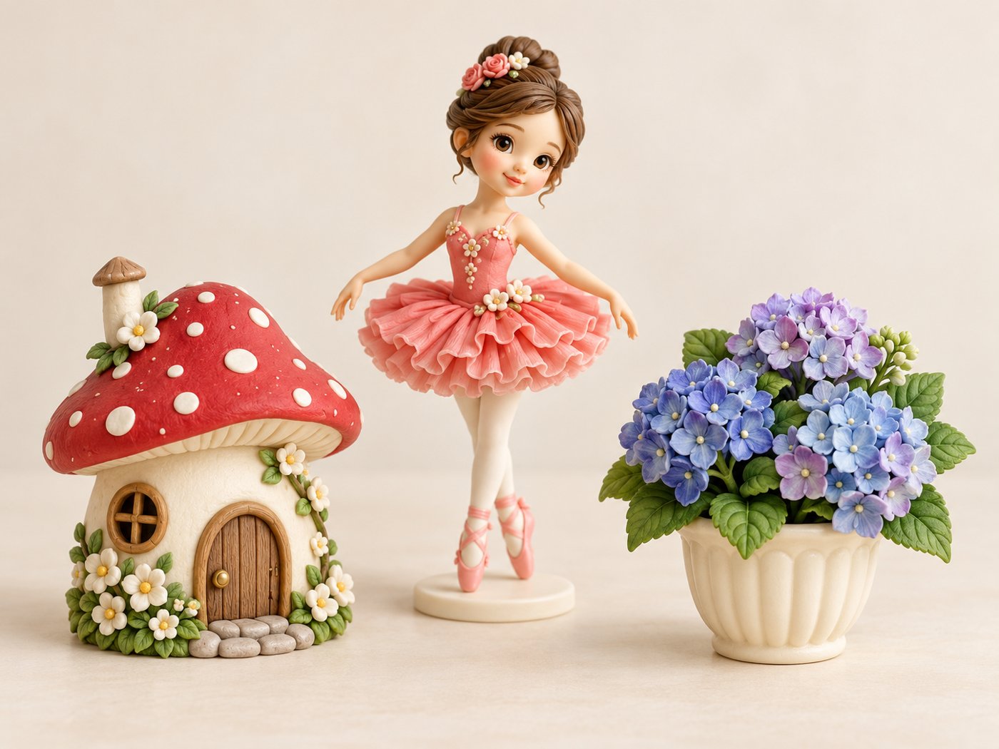 Colección de piezas de porcelana fría: casita, bailarina y hortensias